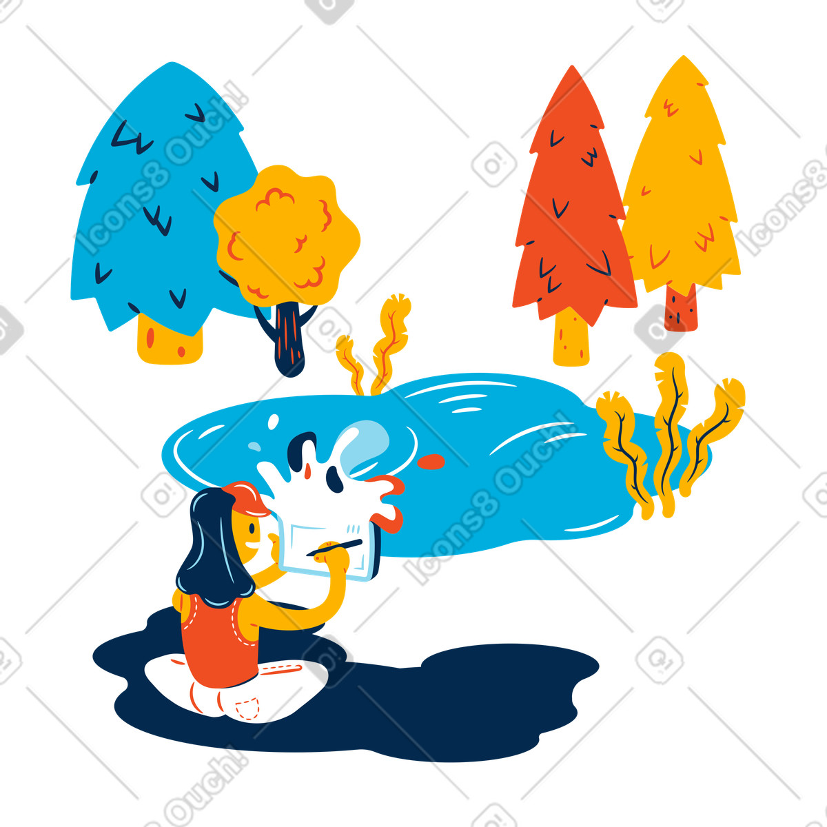 Illustration Artiste dessinant des arbres d'automne et un lac dans le style Flame à télécharger aux formats PNG, SVG