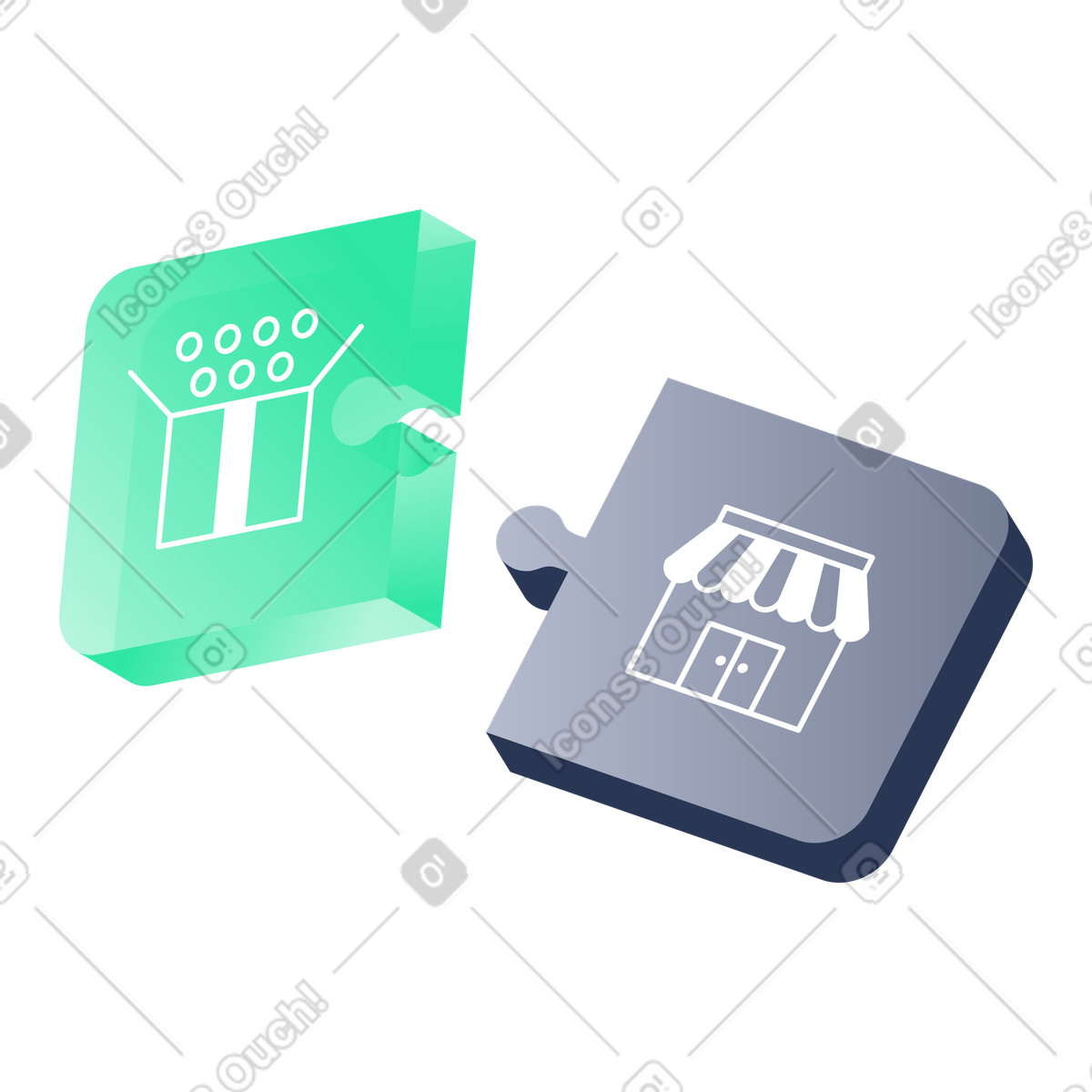 Product and Market Icons on Puzzle Pieces, E-Commerce Fit, Readiness for illustration in Lucent style download in PNG, SVG