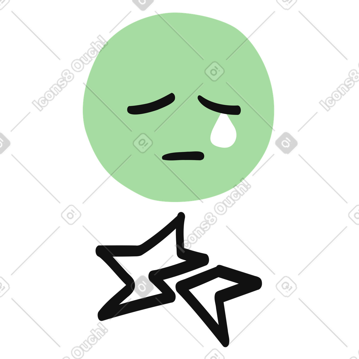 Illustration Emoji sad face crying with broken star symbol below dans le style Organic à télécharger aux formats PNG, SVG