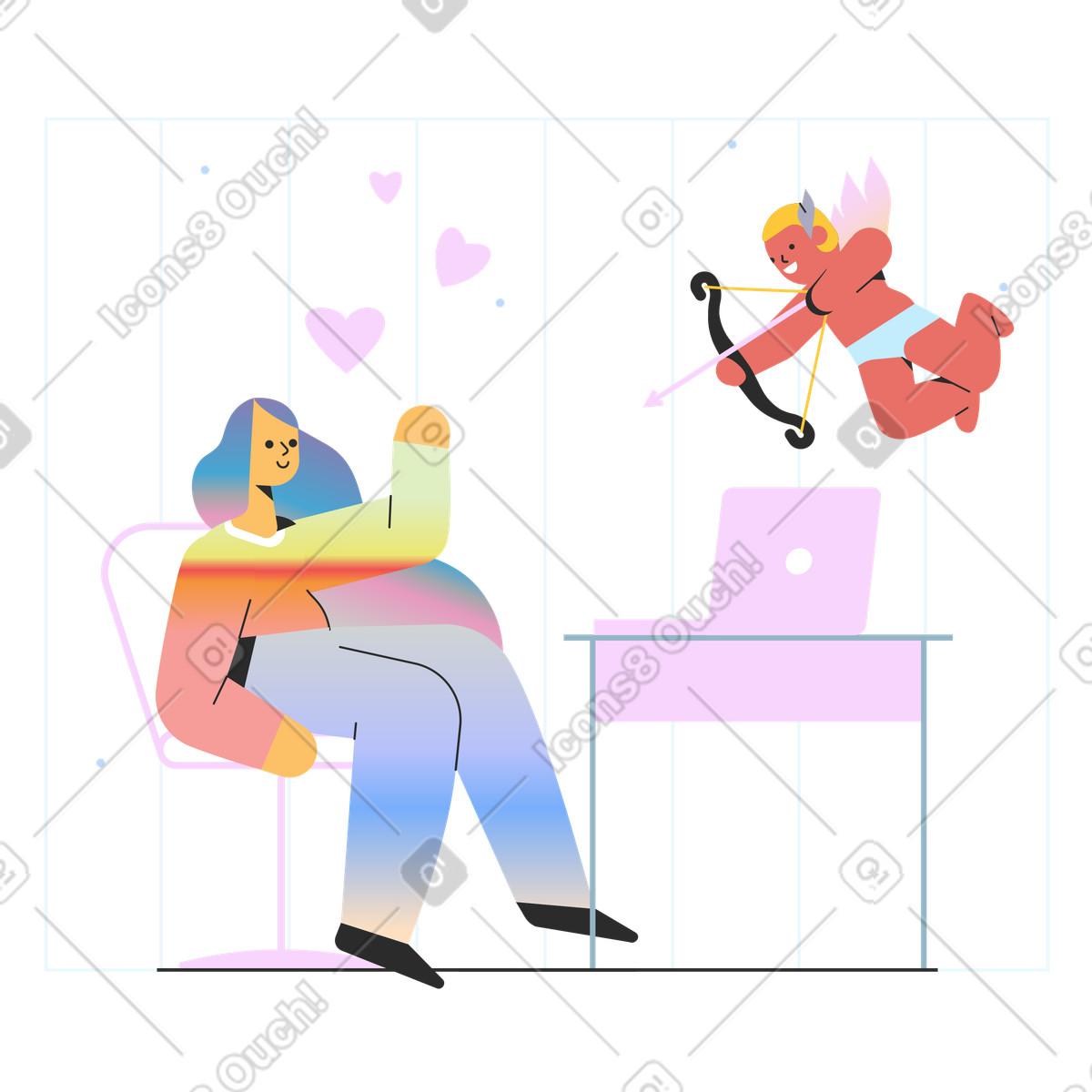 Marginalia スタイルの 女性はキューピッドの矢に当たります。 のイラストをPNG、SVG形式でダウンロード