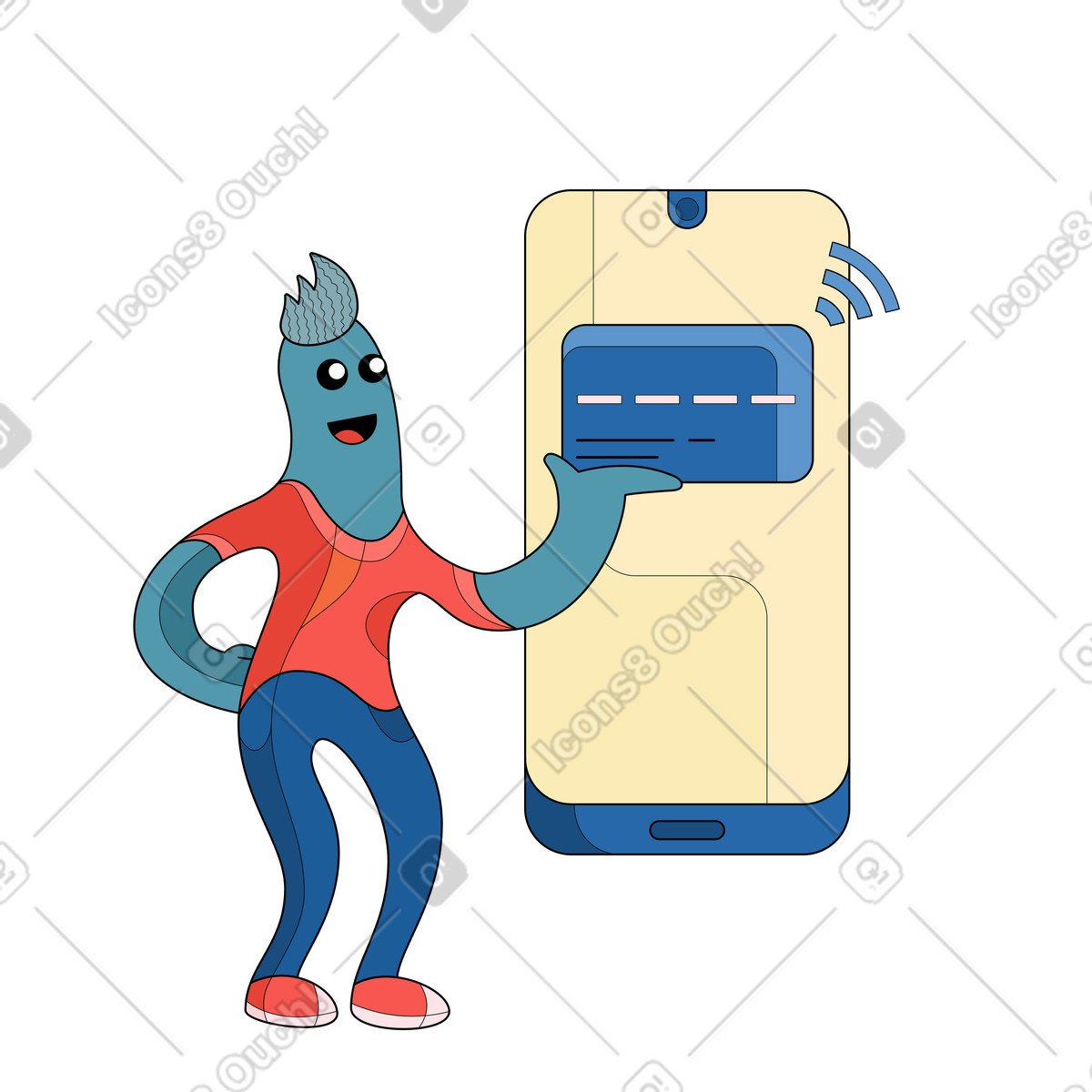 Smiling creature with large smartphone and bank card, Digital wallet transaction fintech-Illustration im Surr-Stil als Download in PNG, SVG