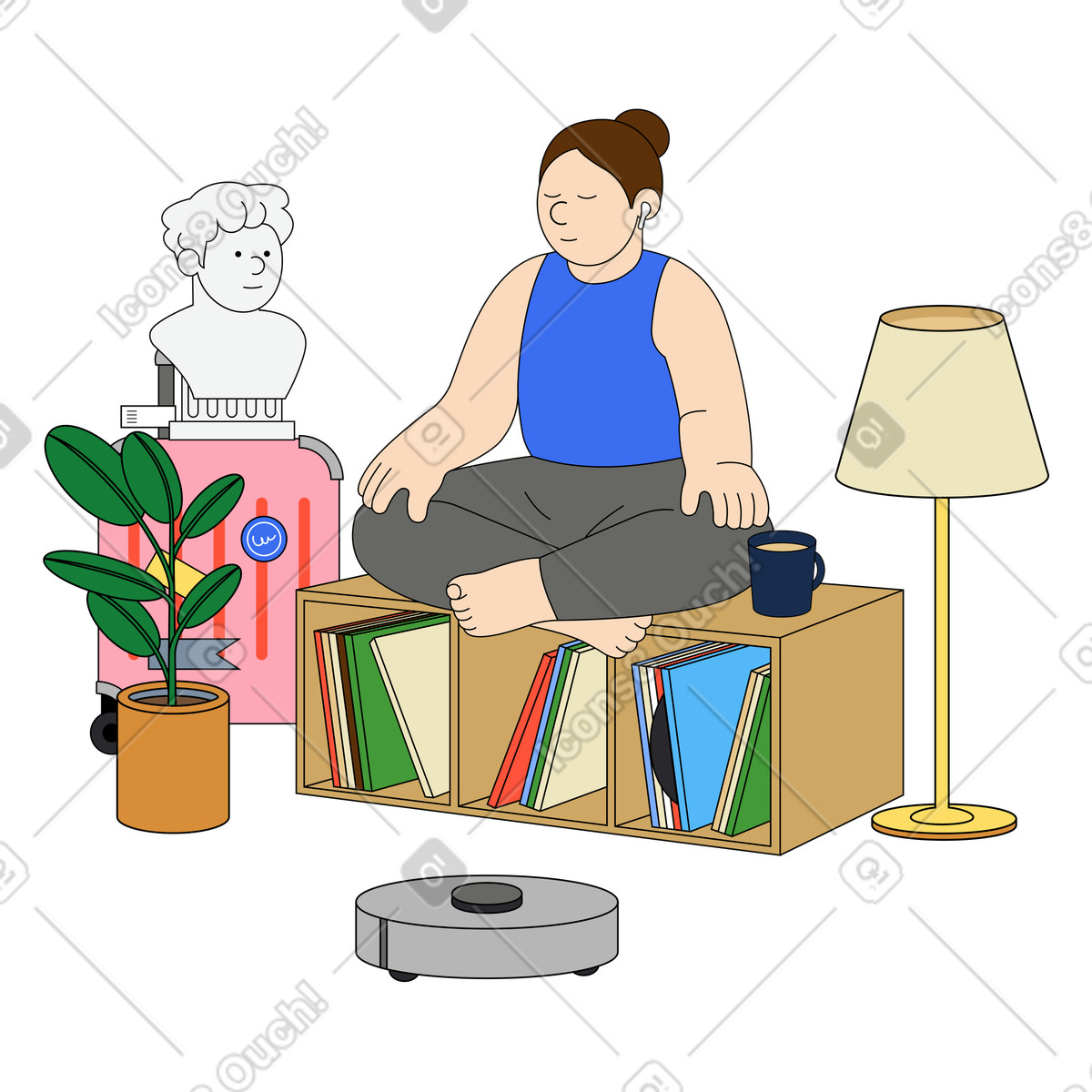 Young woman relaxing in yoga pose after relocation illustration Kindy style download PNG, SVG