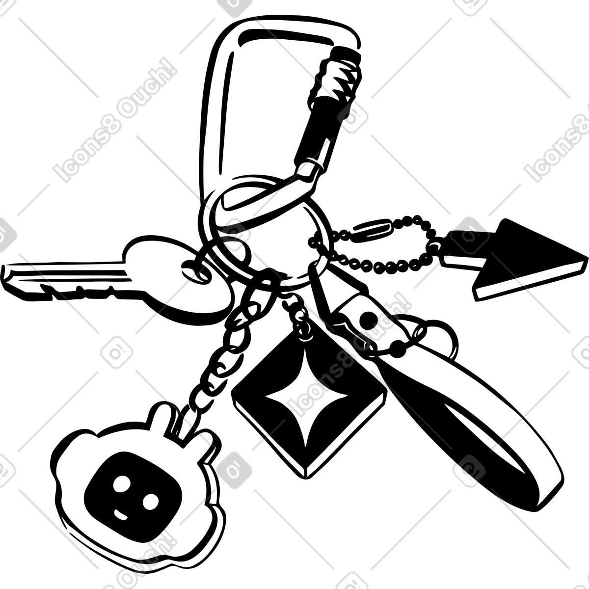 Carabiner with chatbot face and internet symbols, playful tech accessory-Illustration im Line-Stil als Download in PNG, SVG