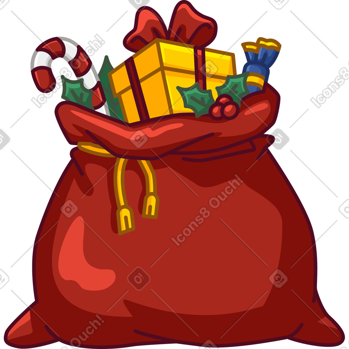 Large red sack with presents, candy canes, and holly illustration in Festicon style download in PNG, SVG