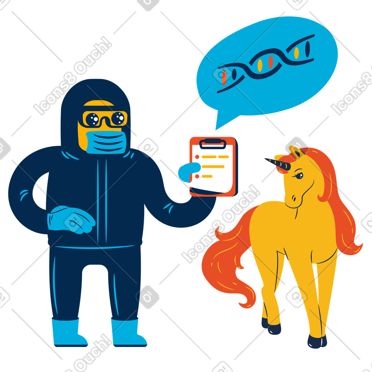 下载 Flame 风格的 科学家对独角兽进行 dna 研究 插画，支持 PNG、SVG 格式