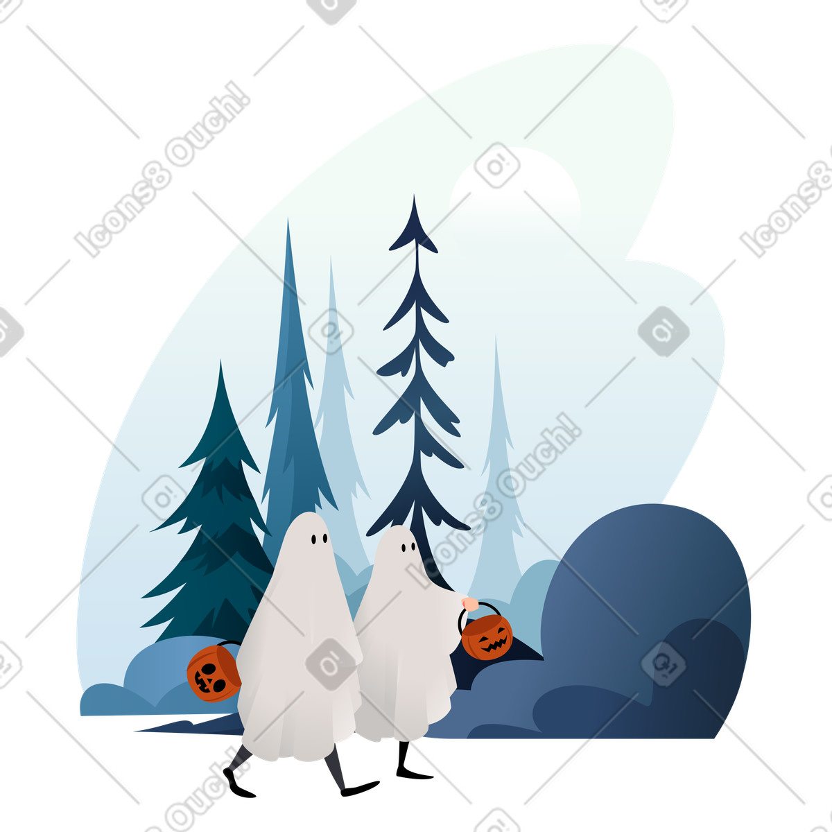 Ilustración Personas vestidas como fantasmas caminando en un parque nocturno. estilo Vivid a descargar PNG y SVG