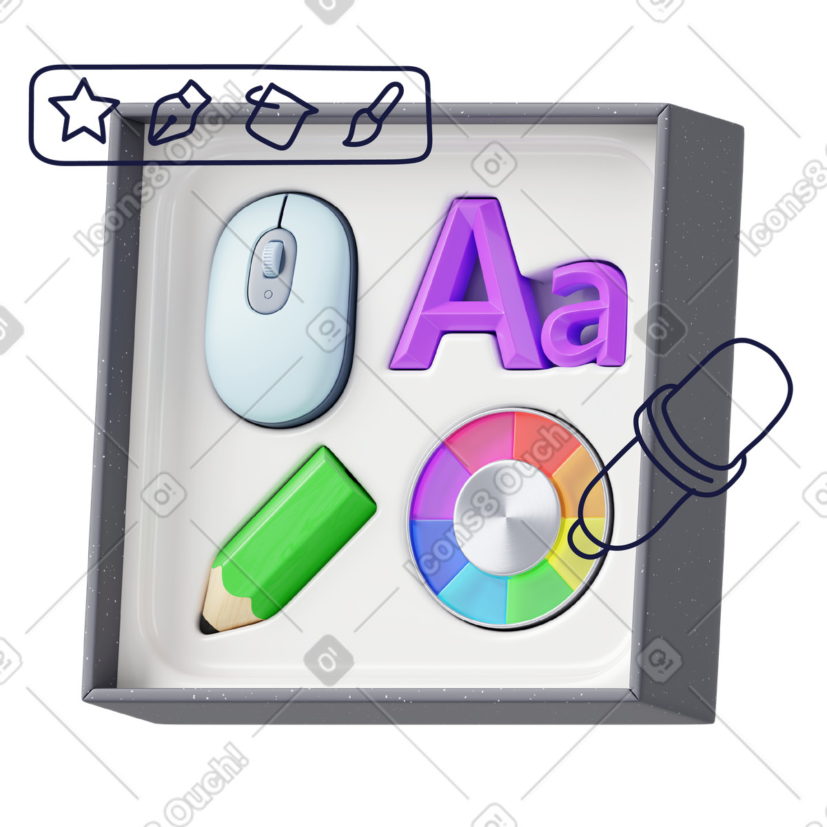 Scatola con ruota dei colori e matita, set di strumenti progettazione grafica, pacchetto risorse software creative illustrazione in stile 3D Surfaced scarica in PNG, SVG