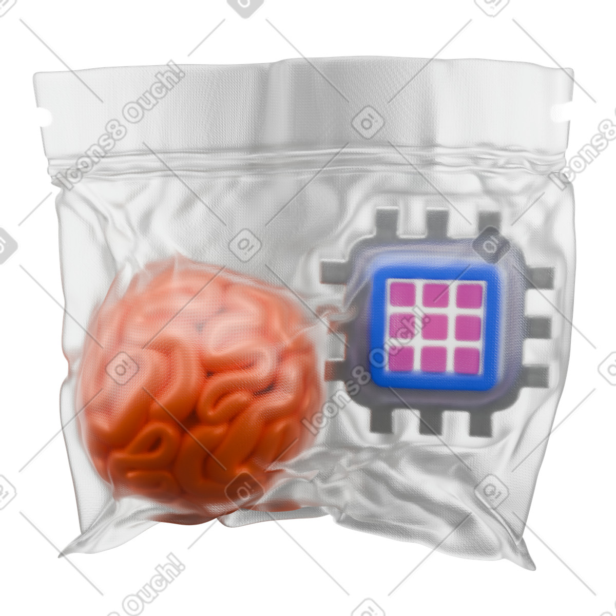 Ilustración Chip cerebral y de ia envuelto en plástico transparente, innovación tecnológica futurismo estilo 3D Wrap a descargar PNG SVG