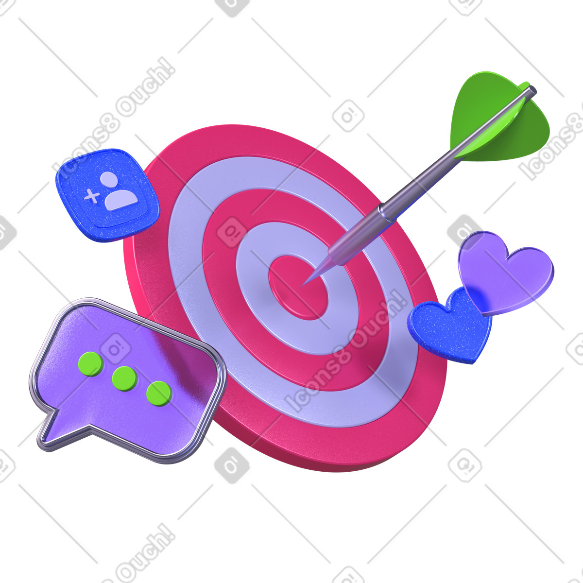 3D Boost 스타일의 Bullseye with dart and social media icons, Targeted advertising audience reach 일러스트레이션 PNG, SVG 다운로드