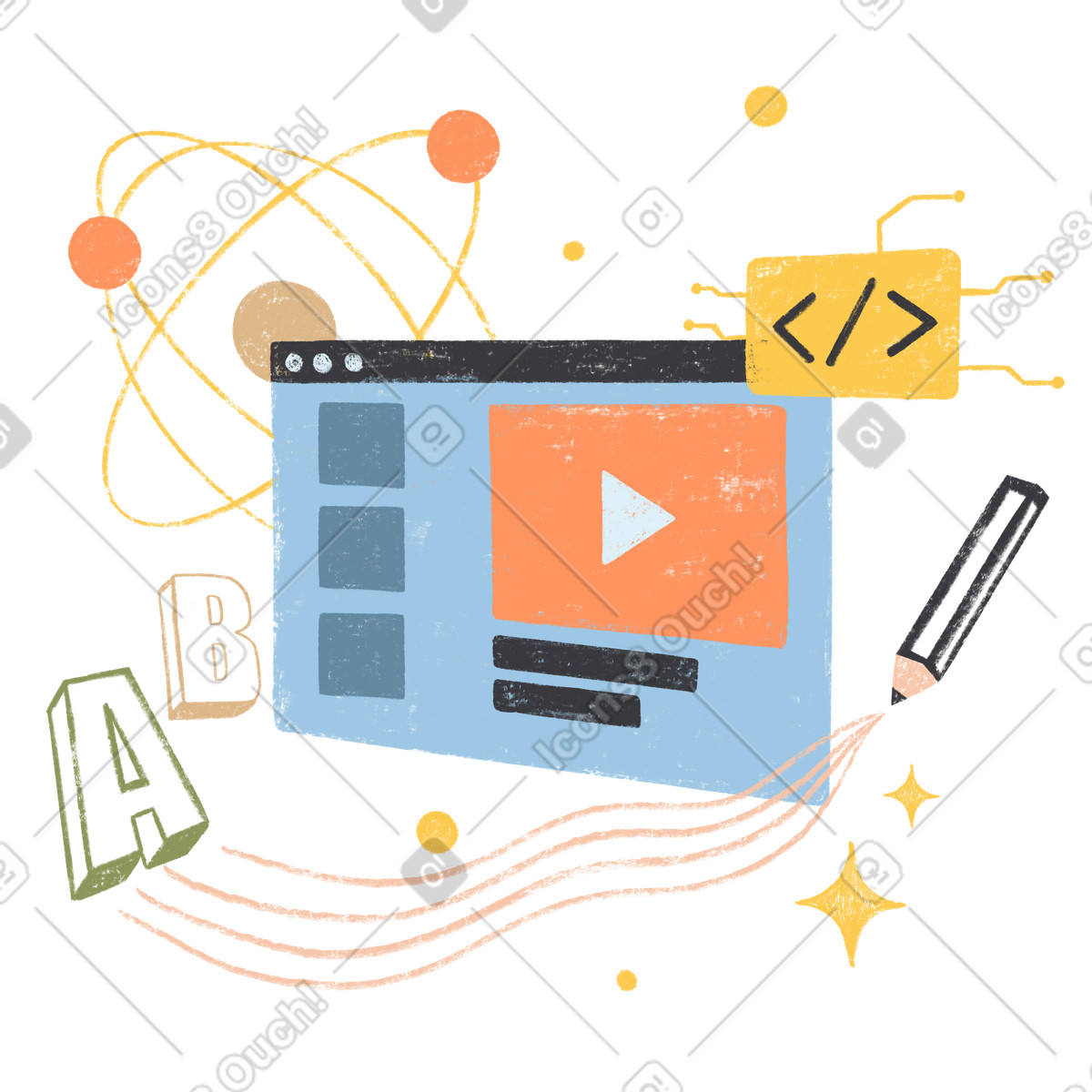 Learning video platform with science and code icons, Digital education for children illustration in PNG, SVG