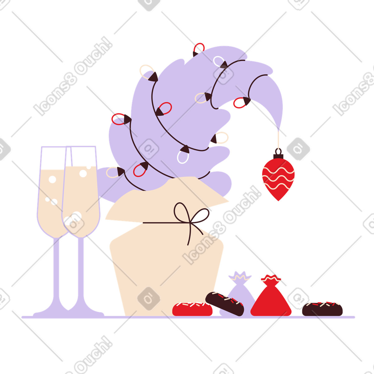 下载 Folks 风格的 Christmas tree with candy and champagne glasses, Festive dessert drink 插画，支持 PNG、SVG 格式