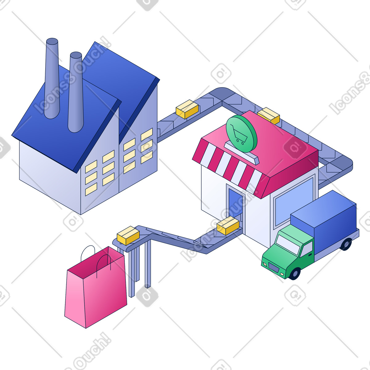 Ilustración Ruta de las mercancías desde la fábrica a través tienda hasta el consumidor, canales distribución en estilo Neat descargar en PNG y SVG