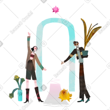 Welcoming man and woman with plants and dog PNG, SVG