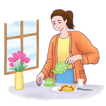 A woman pouring tea at a breakfast table - Hue style illustration