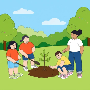 A group of children and adults planting young trees in a vibrant green park under a bright blue sky. The children, with varying hair colors and styles, are wearing colorful T-shirts and shorts, smiling as they dig holes in the ground with small shovels. An adult nearby, with dark hair tied back, is helping a child place a small sapling into the freshly dug soil. The sun casts cheerful rays, creating playful shadows on the grass. In the background, lush trees and blooming flowers add lively splashes of color to the scene.