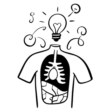 A light bulb suspended inside an open chest cavity, casting a soft light. The chest is detailed with anatomical features, showing ribs and heart. Surrounding the chest are swirling lines and shapes symbolizing thoughts and ideas, emanating from the light bulb. The scene conveys a sense of enlightenment and clarity.