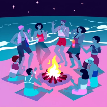 A beach bonfire surrounded by a group of people dancing and laughing. The bonfire emits a warm, flickering glow that illuminates the faces of the participants. People of various descents are wearing casual summer attire, such as tank tops and shorts. Some are holding drinks while others are clapping their hands to the rhythm of the music. In the background, soft waves crash gently against the shore, and the dark night sky is dotted with stars, creating a vibrant and lively atmosphere. A few friends are seated on beach towels, enjoying the warmth of the fire and chatting amongst themselves.