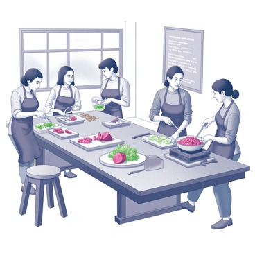 A cooking class is in session, with several participants gathered around a large wooden table. Each participant is focused on creating dishes using beets. On the table, there are various tools and ingredients scattered, including chopping boards, knives, and bowls filled with chopped beets. One participant is grating beets while another is sautéing them in a pan on a nearby stove. There are vibrant beet salads being prepared, with fresh greens and nuts being added. In the background, a chalkboard displays the class's recipe and instructions, while a window reveals a sunny kitchen atmosphere.