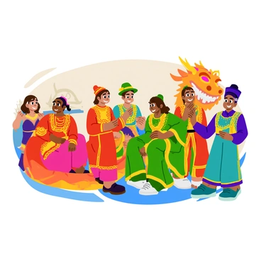 A family of "barongsai" performers is gathered backstage, surrounded by colorful costumes and props. Each performer is adjusting their vibrant outfits, which are adorned with intricate patterns and bright colors, including red, gold, and green. The performers are focused and excited, with some practicing movements and others discussing their routine. Nearby, a large "barongsai" dragon head rests against a wall, decorated with shiny sequins and detailed embroidery. The backstage area is lively and filled with the anticipation of the upcoming show.