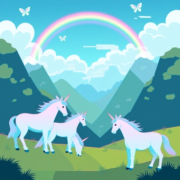 A secluded valley surrounded by high, green hills. In the foreground, several unicorns with shiny white coats and flowing manes are grazing peacefully on lush, green grass. Their horns shimmer with iridescent colors reflecting the sunlight. Above the valley, a vibrant rainbow arcs across the sky, casting colorful light over the scene. The atmosphere is tranquil, with fluffy white clouds scattered throughout the blue sky. Butterflies flit through the air, adding to the enchanting environment.