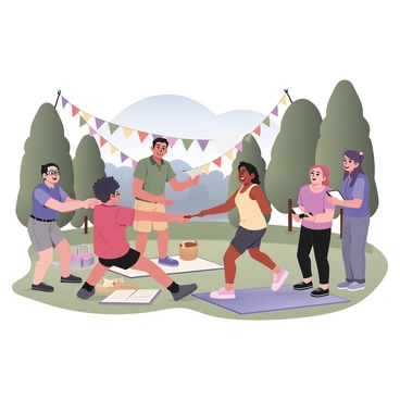A digital flat illustration depicting a group of six colleagues participating in a team-building activity in a park. The colleagues are diverse in appearance. Two people are playing tug-of-war; one has curly hair and is wearing a blue shirt with black shorts, and the other has straight hair, wearing a red shirt and grey pants. In the background, a man with glasses in a green polo shirt and khaki shorts is encouraging them. A woman in a yellow tank top with a ponytail is taking notes on a clipboard, while another woman with short hair in a purple shirt is laughing nearby. The park is filled with green grass and tall trees, and a bright blue sky can be seen overhead. There are picnic blankets laid out, colorful flags decorating the area, and a basket filled with snacks sitting to the side.
