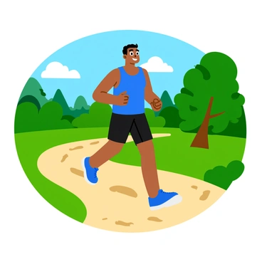 A runner wearing a bright blue tank top and black shorts is jogging along a winding path in an urban park. The path is lined with light brown crunchy wood chips, which scatter with each step. Surrounding the path are green trees and bushes, adding to the vibrant atmosphere. In the background, a clear blue sky is visible with a few fluffy white clouds. The runner has a focused expression, and a pair of running shoes kicks up small bits of wood chips as they move forward.