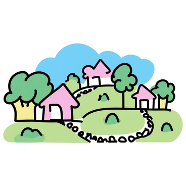 A small village featuring whimsical houses constructed from "broccoli florets" and "stalks". Each house is uniquely shaped, with "broccoli florets" forming the roofs and "stalks" serving as the walls. In the background, there are additional houses of varying sizes, also made from "broccoli". The village is surrounded by a vibrant green landscape, with patches of grass and a clear blue sky above. Small pathways made of "tiny stones" wind through the village, connecting the houses.