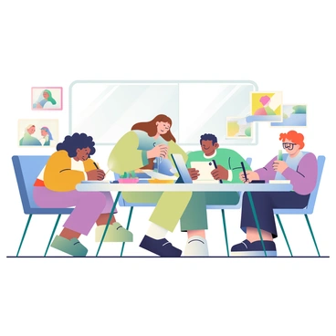 A workshop setting features several participants actively engaged in learning illustration techniques. In the center, a woman with long brown hair is demonstrating various drawing methods at a large table filled with art supplies, including markers, colored pencils, and sketchbooks. Around the table, three participants are practicing their skills; one has curly black hair and is sketching in a notebook, another with short blonde hair is using a tablet, and the third, a person with glasses and wavy red hair, is focusing on inking a drawing. The walls are decorated with framed illustrations, and a large window allows natural light to illuminate the space, creating a bright and inviting atmosphere.