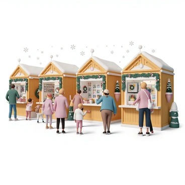 A bustling holiday art fair scene filled with color and activity. There are several wooden stalls adorned with twinkling lights, displaying an array of seasonal illustrations and decorations. Each stall is decorated with festive wreaths and garlands. Artisans are engaged with visitors, showcasing their crafts. People of various ages are browsing the stalls, admiring the artwork. Children are happily pointing at vibrant decorations. The atmosphere is lively, with holiday music playing in the background. Snow is gently falling, adding to the festive ambiance.