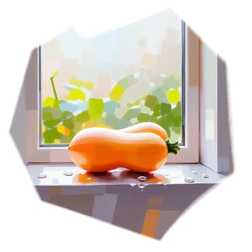 A butternut squash with a smooth, pale yellow surface is resting on a wooden window ledge. The squash is positioned in the center of the ledge, showcasing its elongated shape. Outside the window, rain is gently falling, creating a series of droplets that slide down the glass, partially obscuring the view of a lush green garden. The light is soft and diffused, illuminating the squash and casting delicate shadows on the ledge. A few raindrops cling to the edge of the window sill, adding to the tranquil atmosphere of the scene.