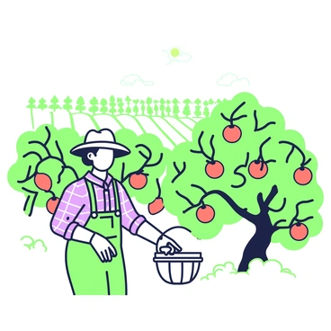 A farmer is harvesting ripe oranges in an orchard. The farmer is wearing a wide-brimmed hat, gloves, and a checked shirt, with a basket in one hand. The tree branches are heavy with round, orange fruits, and the green leaves provide a lush backdrop. In the distance, rows of trees can be seen, stretching across the landscape beneath a clear sky. The sunlight filters through the branches, casting dappled shadows on the ground.