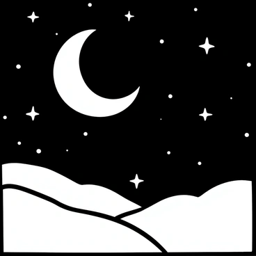 A "crescent moon" positioned prominently in the upper part of the image. The "empty night sky" surrounds the moon, creating a sense of vastness. Several "small stars" scattered throughout the sky, adding depth to the composition. The overall scene conveys a tranquil nighttime atmosphere.