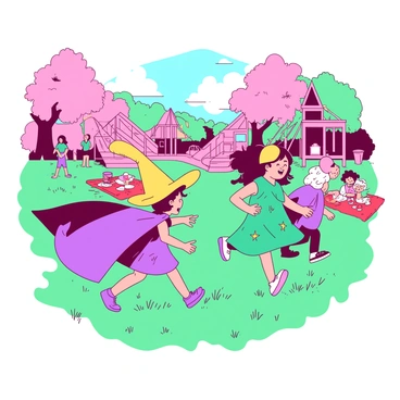 A pink park filled with green grass is bustling with activity. In the foreground, three children are dressed in whimsical outfits. One child is wearing a bright yellow hat with oversized ears, while another has on a purple cape fluttering in the wind. The third child is twirling in a teal dress adorned with stars. They are all laughing and playing tag, with sunlight filtering through the trees, casting playful shadows on the ground. In the background, there are colorful playground structures and a small group of children enjoying a picnic on a red blanket.