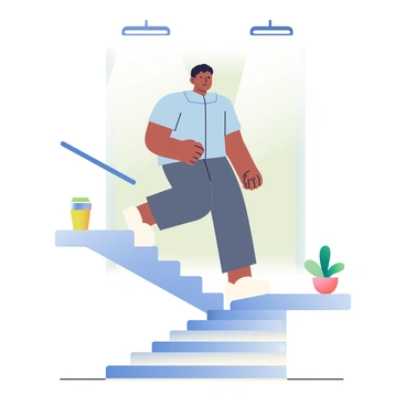 A worker with medium skin and short black hair is performing step-ups on a set of office stairs during a break. The worker is wearing a light blue button-up shirt and dark gray trousers. They are focused on maintaining balance as they step up onto the middle stair with one foot. A coffee cup rests on a nearby railing, and a small potted plant is visible in the background. Bright fluorescent lights above illuminate the area, creating a well-lit environment. The worker's expression shows determination as they engage in this brief exercise.