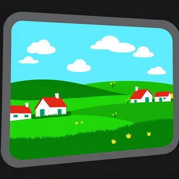 A green landscape of rolling fields stretches out beneath a bright blue sky with fluffy white clouds. The fields are dotted with patches of vibrant yellow and wildflowers. Scattered throughout the scenery are traditional farmhouses with red roofs, white walls, and green shutters. The bus window frames the view, reflecting a hint of the bus's interior while providing a clear perspective of the rural beauty outside.