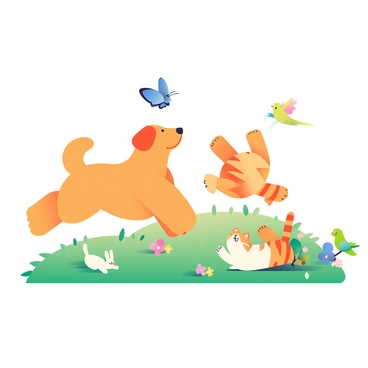 A variety of pets are playing in a lush green garden. A fluffy golden retriever is bounding through the grass, its ears flapping as it chases a vibrant blue butterfly fluttering above. A playful tabby cat with orange stripes is rolling on its back, paws in the air, enjoying the softness of the grass. Nearby, a small rabbit with white fur is nibbling on some clover, while a parakeet with bright green feathers flits from a nearby flower to a low branch. Colorful flowers are blooming around the garden, adding to the lively atmosphere. The sunlight casts gentle shadows on the ground, emphasizing the joyful scene.