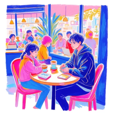 A scammer with a sly expression is seated at a small table in a bustling cafe. He has short dark hair and is wearing a dark hoodie. His gaze is focused on several people around him, specifically those who are using laptops. The cafe is lively, with customers engaged in conversations and baristas serving drinks at the counter. On the scammer's table, there is a half-full cup of coffee and a notepad with scribbled notes. The decor of the cafe includes colorful artwork on the walls and potted plants lining the windows.