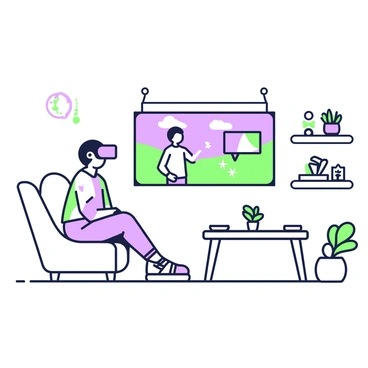 A person is sitting comfortably in a modern living room while using a virtual reality headset. The individual has short hair and is wearing casual clothing. In front of them, a wide screen displays a virtual landscape, which appears vivid and immersive. A virtual figure is visible on the screen, representing a person across the world, engaging in conversation. The room is furnished with a sofa, a coffee table, and shelves with various decorations. A small plant sits on the coffee table, adding a touch of liveliness to the scene.