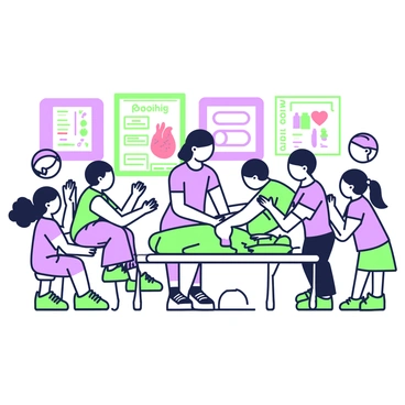 A classroom setting is filled with children actively participating in a learning session about cardiac massage. In the center, an instructor demonstrates the technique on a life-size mannequin that is positioned on a green mat. The children are seated in a semi-circle around the instructor, eagerly watching and listening. Some children are raising their hands to ask questions, while others have worksheets in front of them with diagrams of the human heart. Colorful posters depicting healthy heart habits adorn the walls. One child is practicing the technique on a second mannequin while another child cheers them on. The atmosphere is lively and engaging, with each child showing enthusiasm for the lesson.