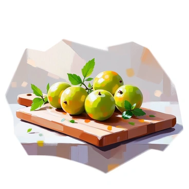 A wooden cutting board is set on a rustic kitchen counter, showcasing a vibrant display of fresh amla fruits. The green, round amla fruits glisten with moisture, their textured skin catching the light. Surrounding the amla, there are sprigs of fresh herbs including mint and coriander, their leaves a rich green color, adding a burst of freshness to the arrangement. The cutting board has a natural grain, enhancing the organic feel of the composition. The background features subtle hints of kitchen elements, complementing the scene without drawing attention away from the vibrant display of amla and herbs.