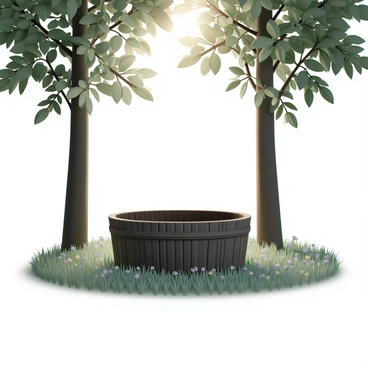 A wooden tub in a forest clearing with sunlight filtering through the trees