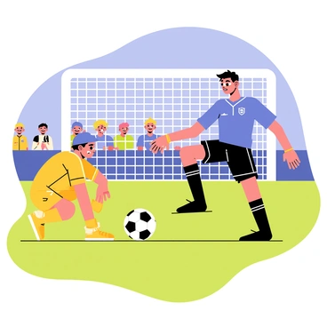 A soccer field with a goal post in the background. The kicker, a young player wearing a blue jersey and black shorts, stands confidently with one foot hovering just above a black and white soccer ball. The player has a determined expression, focusing intently on the ball. In the foreground, a goalkeeper in a bright yellow uniform crouches low, ready to dive. The crowd in the stands is depicted with excited expressions, creating an atmosphere of anticipation. The sky above is a vibrant blue, indicating a clear day for the match.