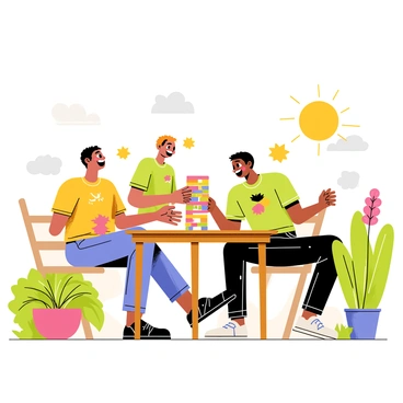 A garden with various colorful flowers and green shrubs surrounding a wooden patio. A group of three friends, two males and one female, are casually playing Jenga on a rustic wooden table. The friends are laughing, holding blocks of the Jenga game, with one male leaning forward and focusing intently, while the other two are playfully arguing about the best strategy. A bright sun is shining down, casting soft shadows on the patio, and a few potted plants are positioned nearby for added detail.