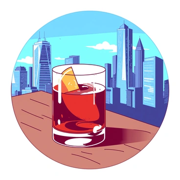 A vibrant red negroni cocktail sits in a clear glass on a wooden table. The glass is filled with the rich mixture of gin, vermouth, and Campari, garnished with a slice of orange. Reflections of the drink shimmer slightly on the table's surface. In the background, towering skyscrapers rise, their glass facades glinting in the sunlight. The sky is a bright blue, providing a striking contrast to the bold red of the negroni.