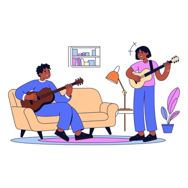 Two musicians are playing a duet in a cozy living room. One musician is sitting on a plush, beige sofa while playing a dark brown bass guitar. The other musician stands nearby, holding a light-colored bass guitar. Both musicians are focused on each other, creating a lively atmosphere. In the background, there is a small bookshelf filled with books and a warm lamp casting soft light in the room. A colorful rug lies on the wooden floor beneath them.