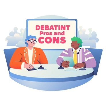 Two animated characters are sitting opposite each other at a round table on a TV talk show set. One character has bright blue hair and wears round glasses, dressed in a smart, orange blazer with a white shirt underneath. The other character has curly green hair and is wearing a striped purple and white shirt with a yellow tie. A large screen behind them displays the text "Debating GST Pros and Cons" in bold letters. The studio is brightly lit, and there are microphones placed on the table in front of each character. Each character has a stack of papers and a digital tablet to reference during their debate. The audience can be seen in the background, attentively watching the discussion.