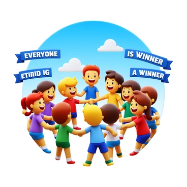 A group of children with varying hair colors and styles is gathered under a bright blue sky. They are engaged in a lively game, smiling and laughing together. Each child is wearing a colorful outfit, showcasing a mix of patterns and colors. The atmosphere is filled with joy and excitement as they cheer for one another. In the center, they hold hands in a circle, symbolizing unity, while banners featuring the words "Everyone is a Winner" are displayed around them.