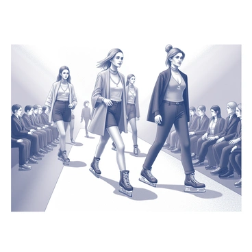A fashion show featuring models strutting in fashionable hockey skates.