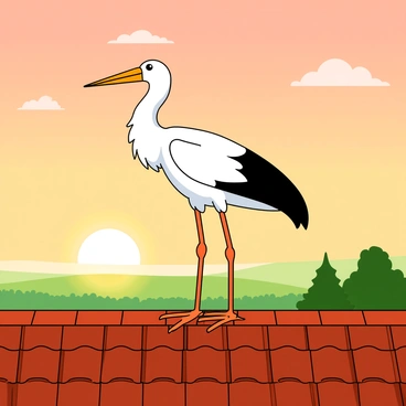 A large white stork with black wing tips is standing proudly on a red-tiled rooftop. The stork's long legs are positioned firmly on the tiles, while its beak is pointed upward, capturing the warmth of the rising morning sun. The sky is painted in soft hues of orange and pink, signaling dawn. There are a few fluffy clouds in the sky, and the light creates a gentle glow that highlights the stork's feathers. Below the rooftop, a green landscape is visible, with trees and fields bathed in the soft light of the early morning.