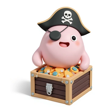 A blobfish with a soft, pinkish body is wearing a torn black pirate hat adorned with a skull and crossbones. It has a rugged eye patch over one eye, adding to its pirate persona. The blobfish is sitting atop a wooden treasure chest, which is overflowing with gold coins and sparkling jewels. The chest is intricately designed with metal accents and an aged appearance. The blobfish has a confident expression, showcasing its unique features as it poses proudly.